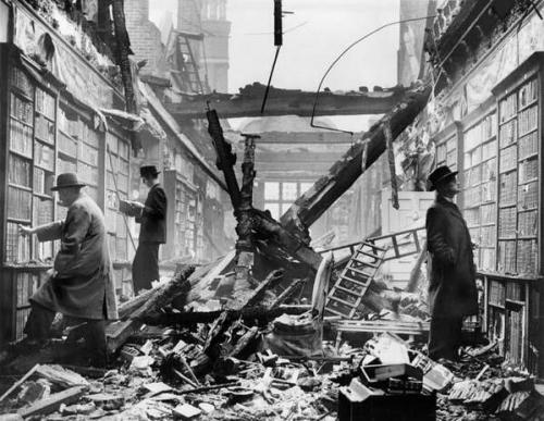 London readrs browsing a WW2 bombed out library